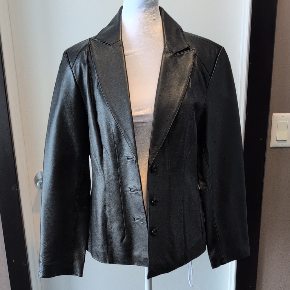 Classic Black Leather Women's Blazer Jacket